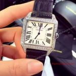 Fake Cartier Dumont-Demoiselle SS White Face Diamond Bezel Leather Band Watch